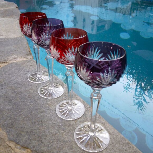 Set of 4 Ajka Caroline 9 Point Wine Hock Cut to Clear 2 Ruby/2 Amethyst Goblets - Picture 2 of 10